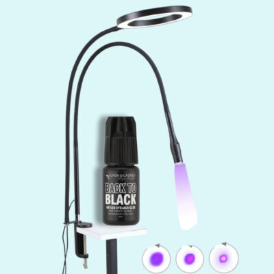 Asztalra Rögzíthető Duo UV / LED Lámpa Állítható Fényerővel és Fókusszal Szempillaragasztóhoz + Back-To Black UV/LED Fekete Szempillaragasztó