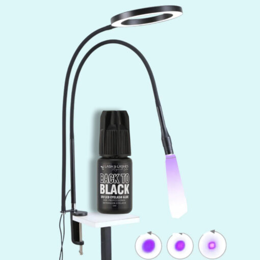 Asztalra Rögzíthető Duo UV / LED Lámpa Állítható Fényerővel és Fókusszal Szempillaragasztóhoz + Back-To Black UV/LED Fekete Szempillaragasztó
