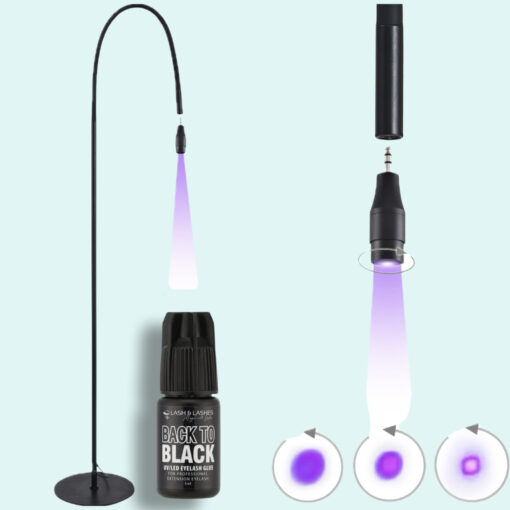 UV / LED Lámpa Állítható Fókusszal Szempillaragasztóhoz + Back-To Black UV/LED Fekete Szempillaragasztó