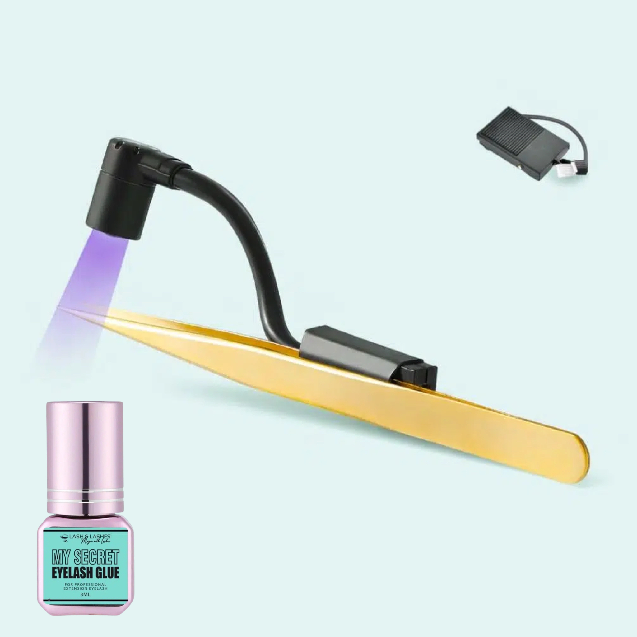 Csipeszes, Mini UV/LED Lámpa Pedál Vezérléssel + My Secret UV/LED Clear Szempillaragasztó 3g